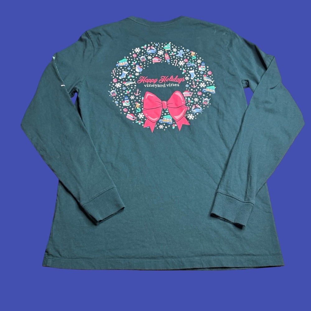 Vineyard Vines Christmas T Shirt Small Long Sleeve Santa Whale Happy Holidays